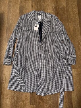 Lauren Conrad Belted Collared Trench Coat Navy White Checked Gingham Size L